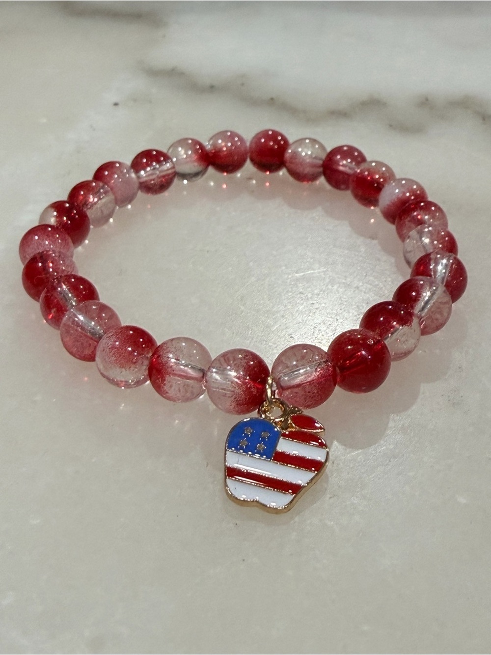 Red Beaded Stretch Bracelet with American Flag Heart Charm